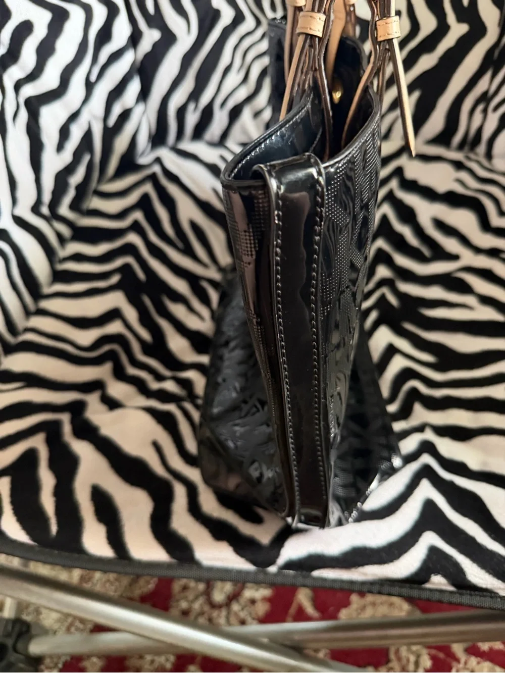 Michael Kors Black Patent Tote with Tan Straps and Gold Hardware